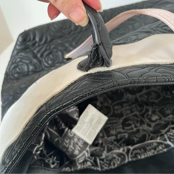 Betsey Johnson Black Quilted Rose Shoulder Tote Bag Black White Pink Bow Large - Picture 10 of 13